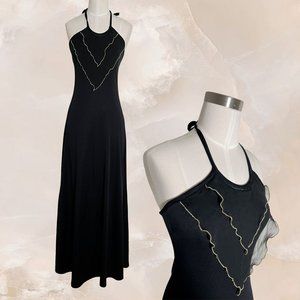 Vintage 1970s Disco Dress Black Maxi Gold Lettuce Hem Sheer Front Tiered Size 7